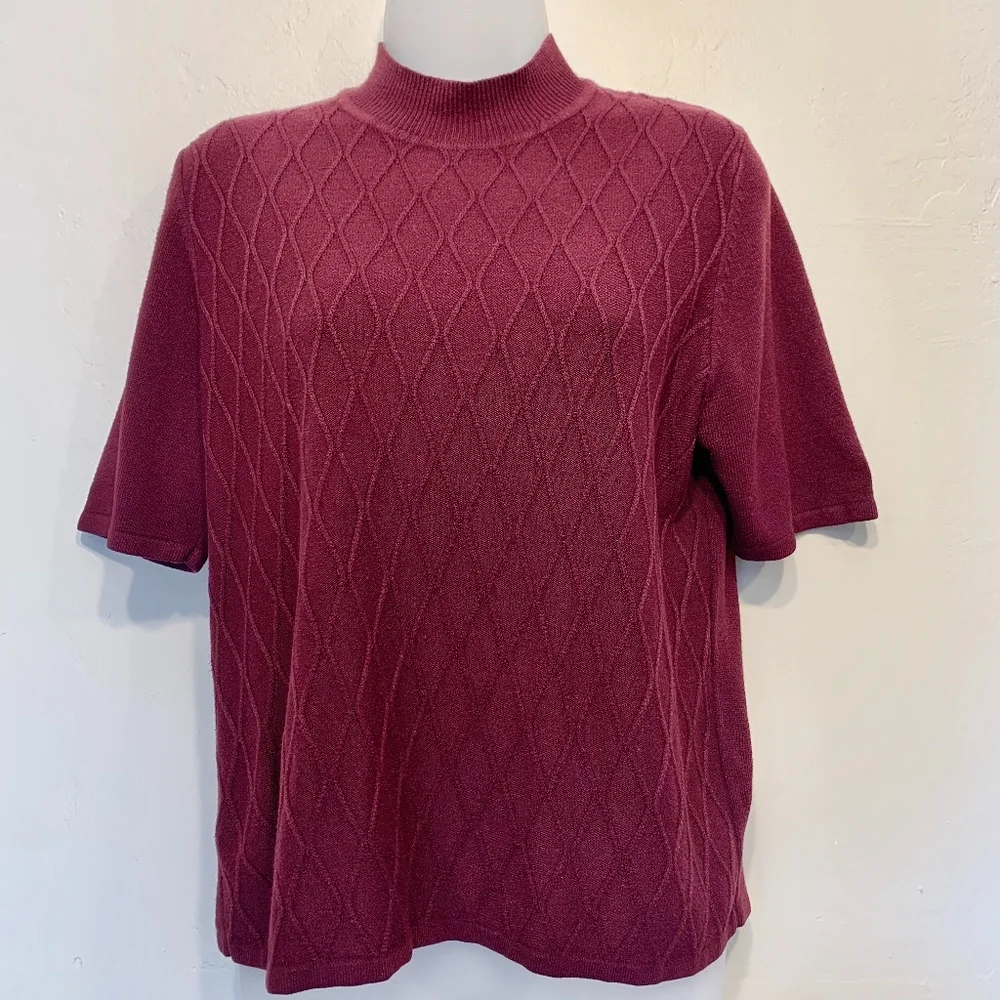 Koret | Cable Knit Plum Mock Turtleneck Short Sleeve Retro Mod Sweater